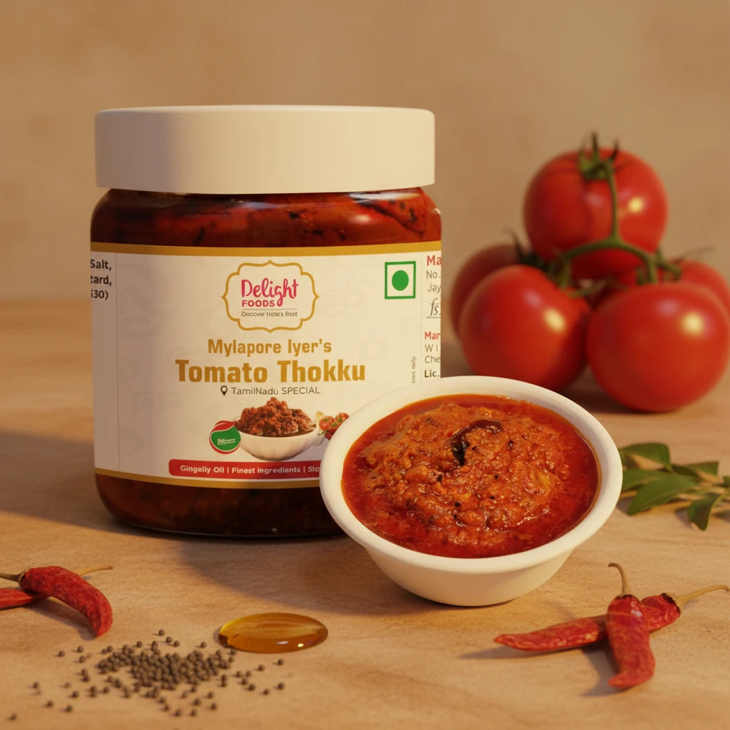 Jar of Mylapore Iyer's Tomato Thokku with a bowl of the product on a wooden surface, surrounded by tomatoes and chilies.