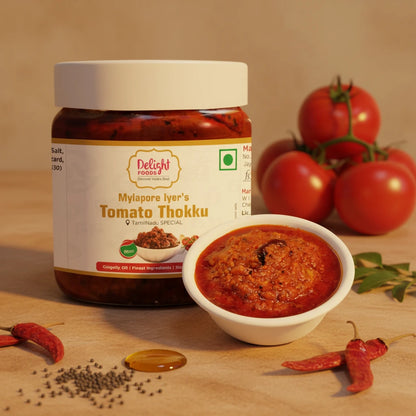 Jar of Mylapore Iyer's Tomato Thokku with a bowl of the product on a wooden surface, surrounded by tomatoes and chilies.