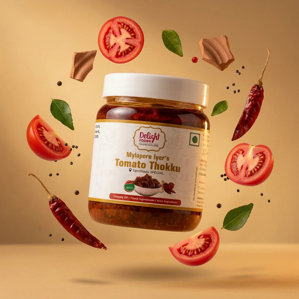 Jar of Tomato Thokku with tomatoes and chilies on a beige background