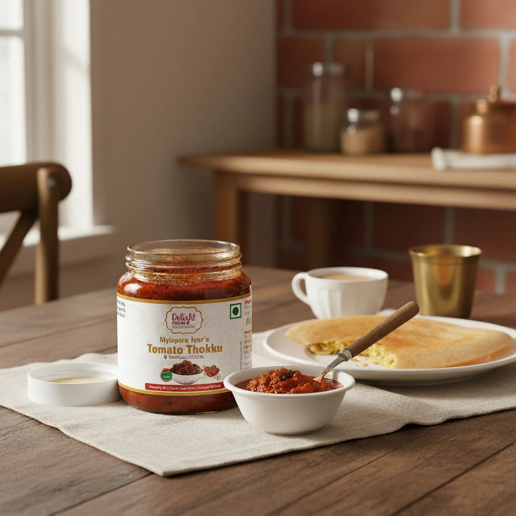 Jar of tomato thokku on a table with a plate of food and a cup of coffee.