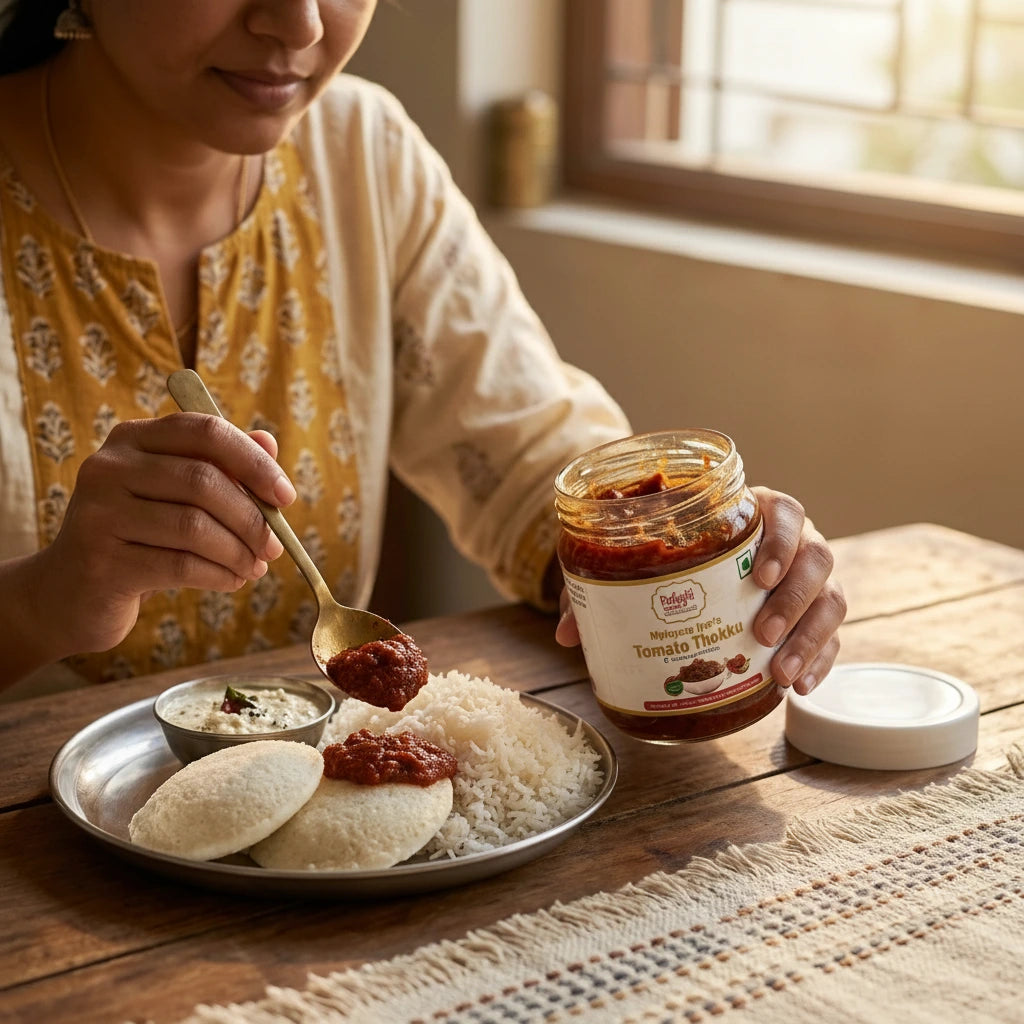 Person holding a jar of tomato chutney and spooning it onto food on a wooden table.