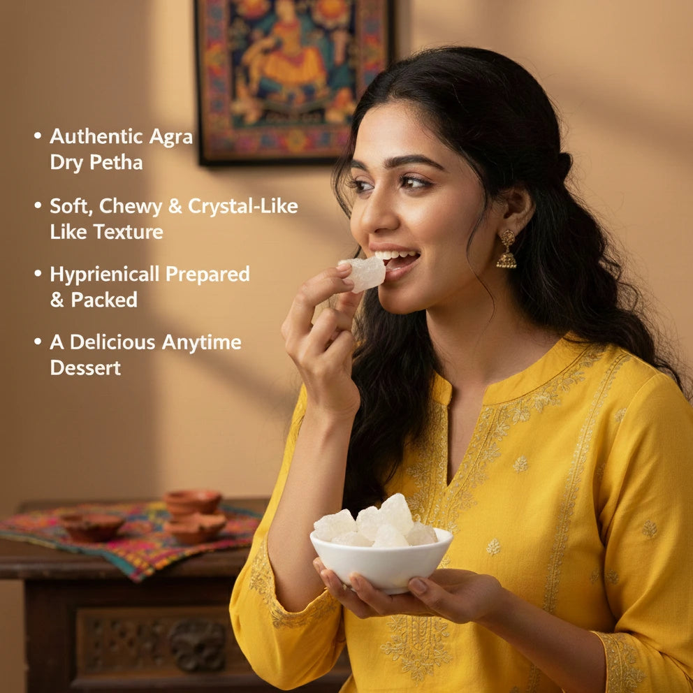 Woman in yellow traditional outfit eating Agra Dry Petha with text describing the dessert.