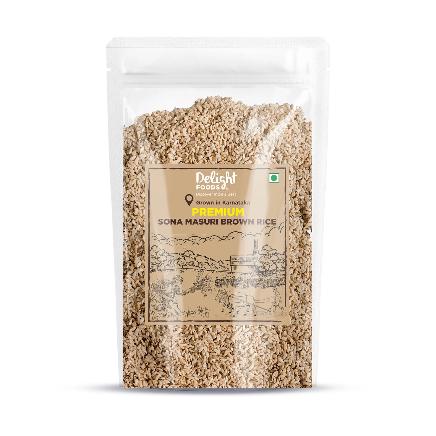 Packaged Sona Masuri Brown Rice from Delight Foods on a white background