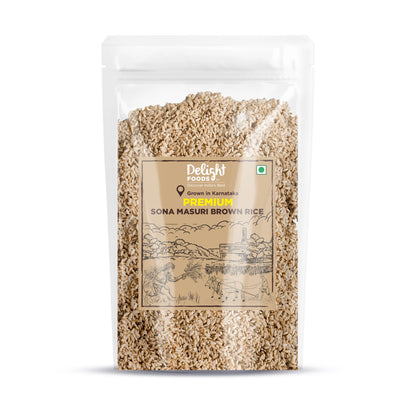 Packaged Sona Masuri Brown Rice from Delight Foods on a white background